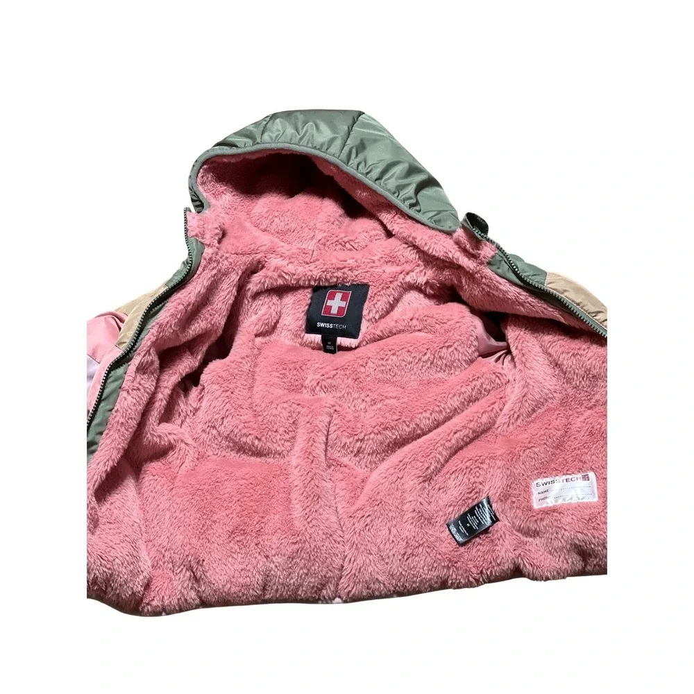 Swiss Tech Kids Girls 4T Puffer Jacket Pink Green Tan Lined Hooded Winter Coat‎